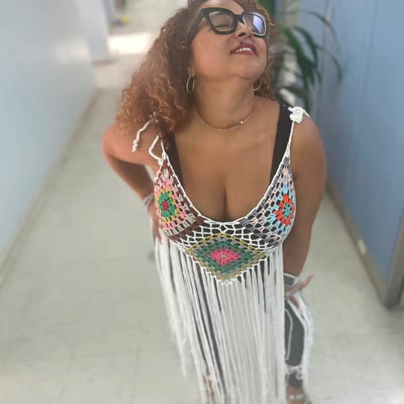 NWT 🏖️ BLACK CROCHETED FRINGED SWIM COVER-UP COLOR BLOCK BEACH DRESS One Size - Picture 9 of 10